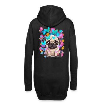 Hund Hunde Mops Frühling Blumen Schmetterlinge - Hoodie-Kleid - Schwarz - Hinten