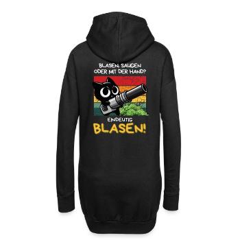 Blasen? Eindeutig! – Lustige Katze mit Laubbläser - Hoodie-Kleid - Schwarz - Hinten
