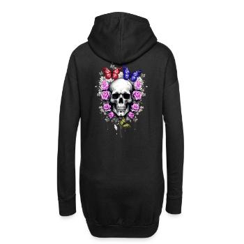 Totenkopf mit Rosen und Schmetterlingen farbig - Hoodie-Kleid - Schwarz - Hinten