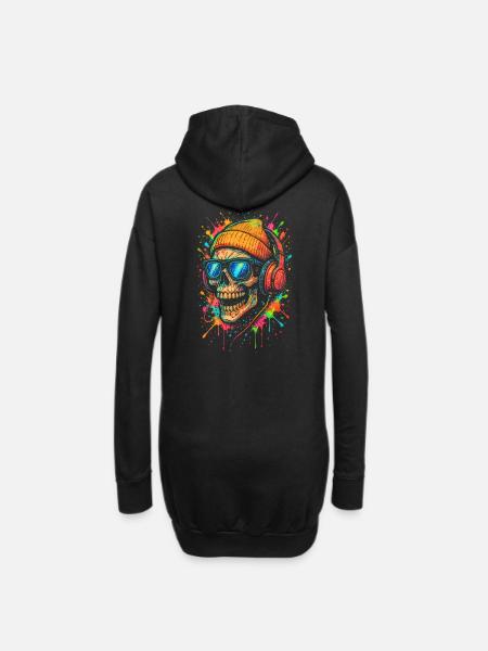 Buntes Skull mit Kopfhörern und Sonnenbrille - Hoodie-Kleid - Schwarz