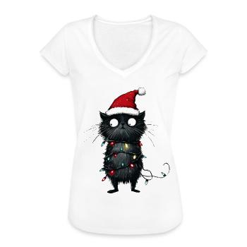 Weihnachtsbaum Lustige Katze Lichterkette Geschenk - Frauen Vintage T-Shirt - Weiß - Vorne - Danielle (179cm)