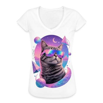Cat Neon Astral Glasses - Women's Vintage T-Shirt - white - Front - Danielle (179cm)