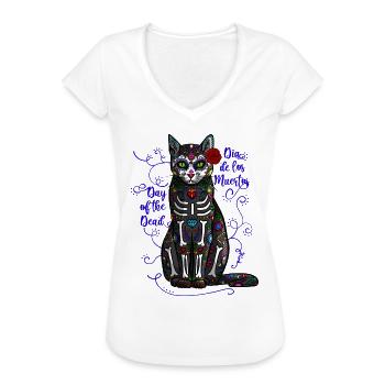 Dia De Los Muertos Sugar Skull Cat Calavera - Frauen Vintage T-Shirt - Weiß - Vorne