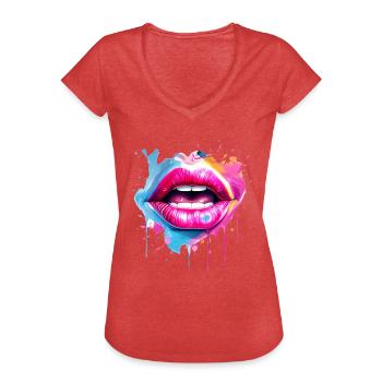 Lèvres colorées embrassant la bouche visage de femme - T-shirt vintage Femme - rouge chiné - Devant - Danielle (179cm)