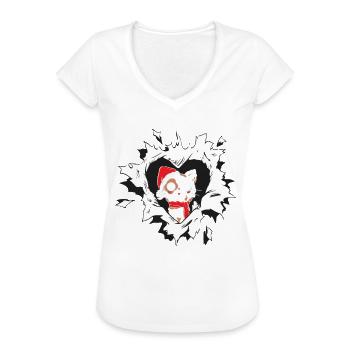 Katze mit Weihnachtsmütze schaut aus zerrissenem - Frauen Vintage T-Shirt - Weiß - Vorne