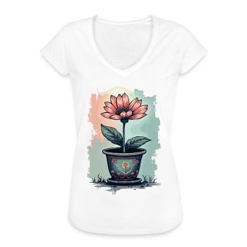 Blühende Schönheit – Vintage Blumenmotiv Blumentop - Frauen Vintage T-Shirt - Weiß - Vorne - Danielle (179cm)