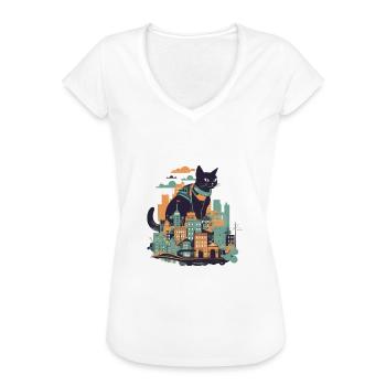 Schwarze Katze die vor einer bunten Stadt sitzt - Frauen Vintage T-Shirt - Weiß - Vorne