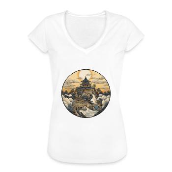 No. 1: Temple Japan Kanagawa Style Ukyio-e T-shirt - Women's Vintage T-Shirt - white - Front - Danielle (179cm)