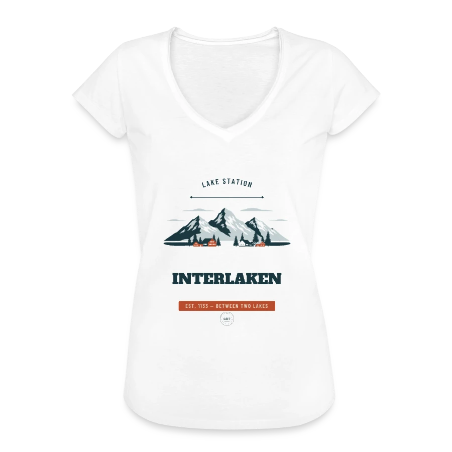 Interlaken badge on a women's vintage t-shirt, white