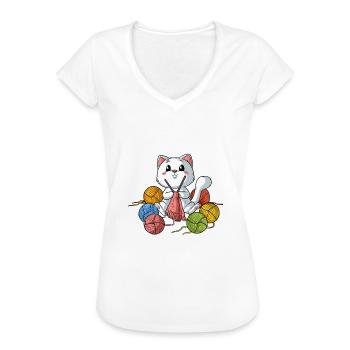 Katze Stricken Kätzchen Wolle Wollknäuel Mieze - Frauen Vintage T-Shirt - Weiß - Vorne
