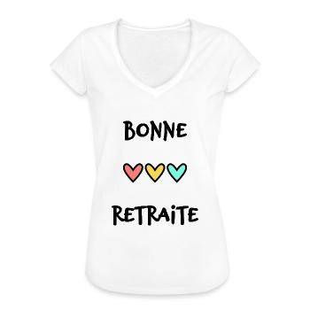 RETRAITE. BONNE RETRAITE. JOYEUSE RETRAITE. COEUR - T-shirt vintage Femme - blanc - Devant - Danielle (179cm)