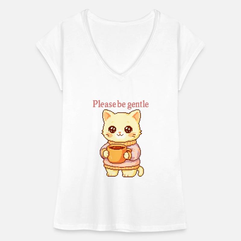 Bitte sei sanft – Pixel Katze mit Tee & Kuschelpul Frauen Vintage T-Shirt