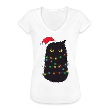 Weihnachtsbaum Katze Weihnachtsmütze Lustig - Frauen Vintage T-Shirt - Weiß - Vorne