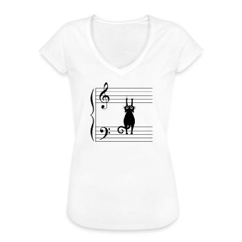 T Shirt Chat noir note musique humour partition - T-shirt vintage Femme - blanc - Devant - Danielle (179cm)