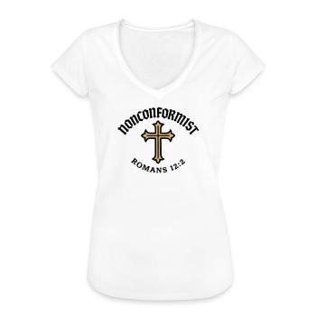 Anticonformiste Chrétien Romains 12:2 Croix d'Or - T-shirt vintage Femme - blanc - Devant - Danielle (179cm)