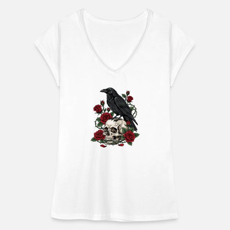 Mitternachtskrähe auf Totenkopfrosen Frauen Vintage T-Shirt