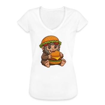 Mignon Sasquatch Bigfoot Cartoon Burger de restauration rapide - T-shirt vintage Femme - blanc - Devant - Danielle (179cm)