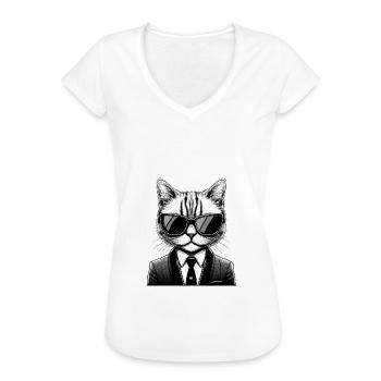 Katze im Anzug Lagerfeld Style mit Sonnenbrille - Frauen Vintage T-Shirt - Weiß - Vorne