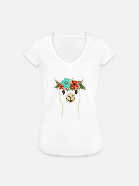 Alpaka mit Blumen - Frauen Vintage T-Shirt - Weiß