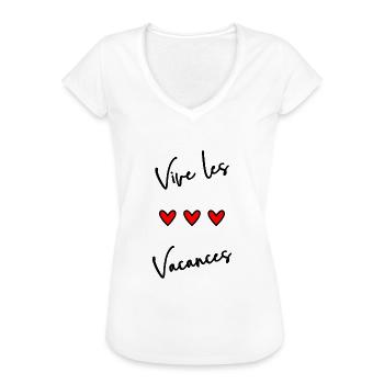 VACANCES. VIVE LES VACANCES. VACANCES. COEUR - T-shirt vintage Femme - blanc - Devant - Danielle (179cm)