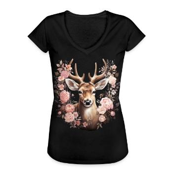 Hirsch T-Shirt Damen Trachtenshirt Trachten Tshirt - Frauen Vintage T-Shirt - Schwarz - Vorne - Danielle (179cm)