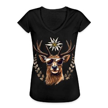 Hirsch T-Shirt Herren Trachtenshirt Ersatz Tracht - Frauen Vintage T-Shirt - Schwarz - Vorne - Danielle (179cm)