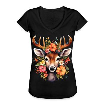 Hirsch T-Shirt Trachten Damen Trachtenshirt Dirndl - Frauen Vintage T-Shirt - Schwarz - Vorne - Danielle (179cm)