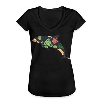 Dolphin Tropical Flower Floral - Women's Vintage T-Shirt - black - Front - Danielle (179cm)