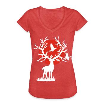 Le cerf blanc et le soleil rouge - T-shirt vintage Femme - rouge chiné - Devant - Danielle (179cm)