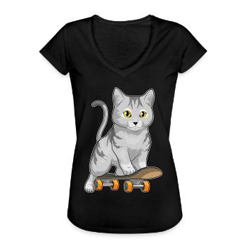 Katze Skater Skateboard Sport - Frauen Vintage T-Shirt - Schwarz - Vorne - Danielle (179cm)