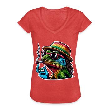 Lézard fumant du cannabis - T-shirt vintage Femme - rouge chiné - Devant - Danielle (179cm)