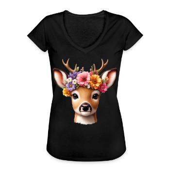 Trachtenshirt Damen T-Shirt Reh Kostüm Mädchen - Frauen Vintage T-Shirt - Schwarz - Vorne