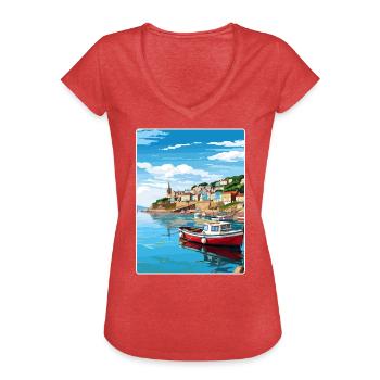 Looe Angleterre Affiche de voyage Souvenir Carte Postale Peinture - T-shirt vintage Femme - rouge chiné - Devant - Danielle (179cm)