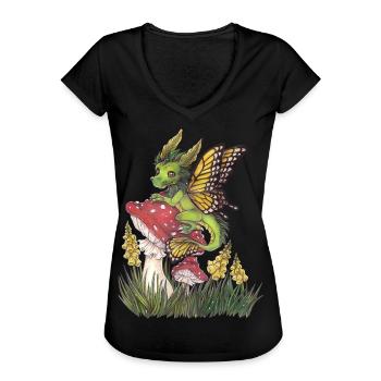 Walddrache auf Fliegenpilz Niedlich Schmetterling - Frauen Vintage T-Shirt - Schwarz - Vorne - Danielle (179cm)