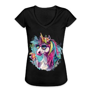 Colorful Refreshing Cocktail Unicorn - Women's Vintage T-Shirt - black - Front - Danielle (179cm)