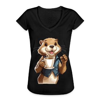 Kaffee Süchtig Otter Kaffeeliebhaber Tier Lustig - Frauen Vintage T-Shirt - Schwarz - Vorne - Danielle (179cm)
