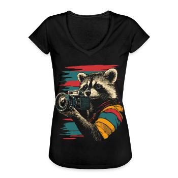 raton laveur avec appareil photo reflex Appareil photo Photographe - T-shirt vintage Femme - noir - Devant - Danielle (179cm)
