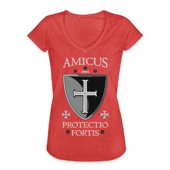 Templerschild + Amicus Protectio Fortis - Frauen Vintage T-Shirt - Rot meliert - Vorne - Danielle (179cm)