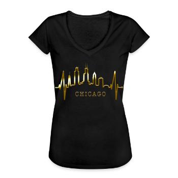 Chicago Skyline Heartbeat USA Heart I Love Chicago - Women's Vintage T-Shirt - black - Front - Danielle (179cm)