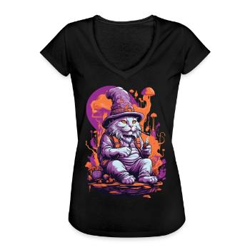 Art psychédélique forêt champignons Goa Trance chat - T-shirt vintage Femme - noir - Devant - Danielle (179cm)