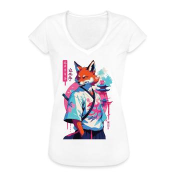 Kitsune Samurai Fox Esthétique Style Vaporwave - T-shirt vintage Femme - noir - Devant - Danielle (179cm)