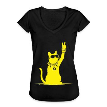 Gelbe Rocker Katze – Cooles Design für Musikfans - Frauen Vintage T-Shirt - Schwarz - Vorne - Danielle (179cm)