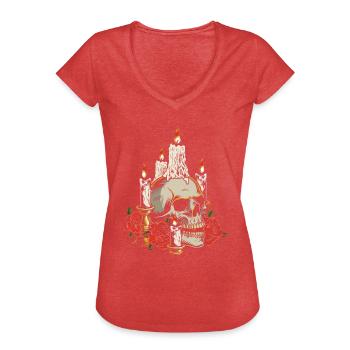 Kerze Totenkopf Rosen Schädel - Dia de los Muertos - Frauen Vintage T-Shirt - Rot meliert - Vorne - Danielle (179cm)