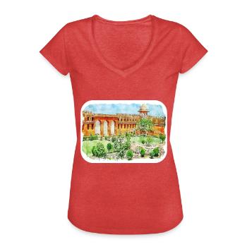 Jaipur Inde Aquarelle Esquisse Peinture Dessinée - T-shirt vintage Femme - rouge chiné - Devant - Danielle (179cm)