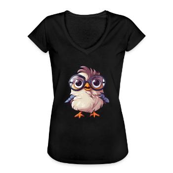 Sparrow With Glasses Cartoon Kawaii Illustration - Women's Vintage T-Shirt - black - Front - Danielle (179cm)