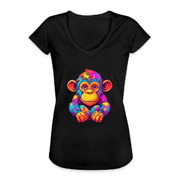 Chimpanzé Aquarelle Colorée Dessin Animé Kawaii Anim - T-shirt vintage Femme - noir - Devant - Danielle (179cm)