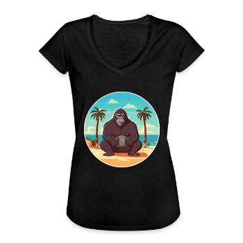 Gorille Cartoon Yoga Plage Illustration D’été - T-shirt vintage Femme - noir - Devant - Danielle (179cm)