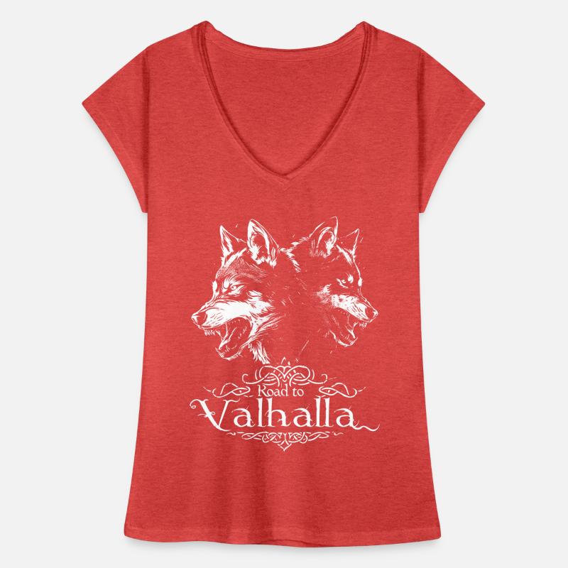 Dual Head Wolf Road vers Valhalla Design T-shirt vintage Femme