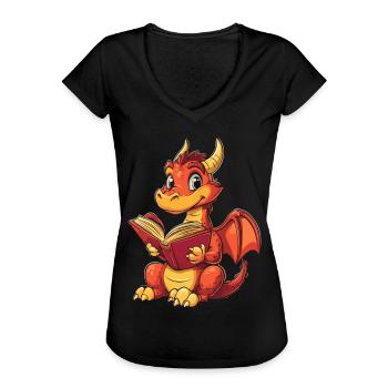 Fröhlicher roter Drache Fantasie für Buchliebhaber - Frauen Vintage T-Shirt - Schwarz - Vorne - Danielle (179cm)