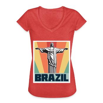 Brésil Rétro Cristo Redentor Christ le Rédempteur Statue Rio - T-shirt vintage Femme - rouge chiné - Devant - Danielle (179cm)